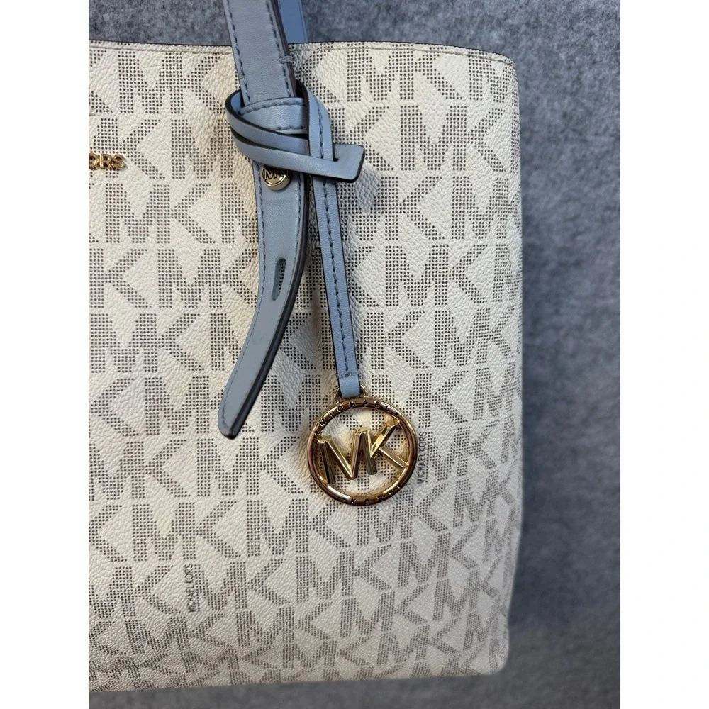 Michael Kors Charlotte Large Tote Bag Signature Logo‎ Cream Blue Gold Hardware